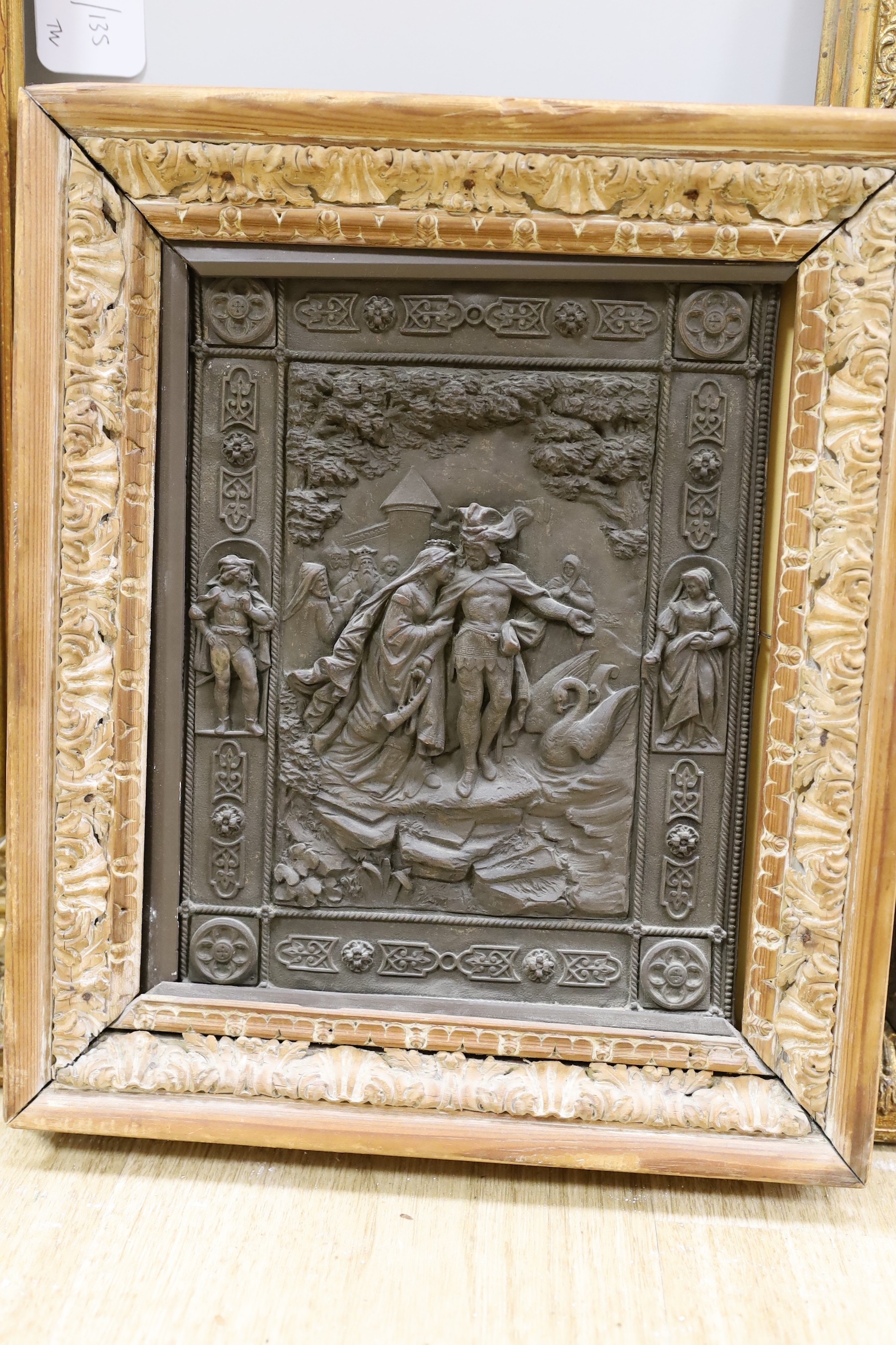 A 19th century giltwood and gesso picture frame, aperture 35 x 27cm, an embossed metal plaque and five assorted engravings